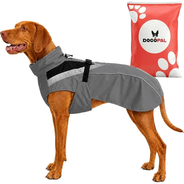 DOGOPAL Manteau Imperméable pour Chien - Léger, Confortable, et Réfléchissant - Taille Petite, Moyenne, Grande - avec Ouverture pour Harnais (Gris, L) — DOGOPAL, noté 4.4/5
