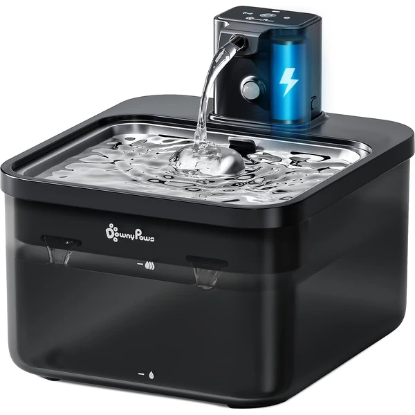 DownyPaws Fontaine à Eau sans Fil à Détection de Mouvement, Noir | 2,5 L Fontaine à Eau pour Chat avec Batterie Rechargeable 4000 mAh, Pompe Silencieuse et Plateau Inox — DownyPaws, noté 4.4/5