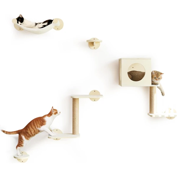 FUKUMARU Étagères Murales pour Chat, Set de 5 Meubles Muraux, Grimpeur en Bois Stable avec Hamac, Maison, Marches et Poteau à Griffer, Beige — FUKUMARU, noté 4.7/5