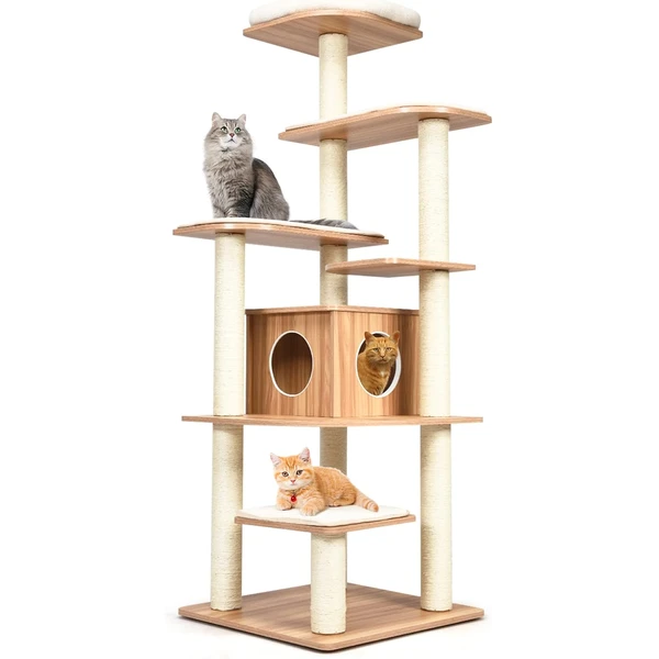 GOPLUS Arbre a Chat Bois Solide 6 Niveaux XXL, 87x87x175CM, Brun + Naturel — GOPLUS, noté 4.7/5