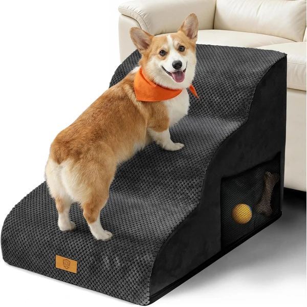 Masthome Escalier pour Chien Chat 3 Marches, Rampe Chien Canapé Lit, Noir | Protection Articulations, Poignée Poche Rangement, Antidérapante Mousse Haute Densité, Housse lavable, Max 23kg, 60*40*40cm — Masthome, noté 4.6/5