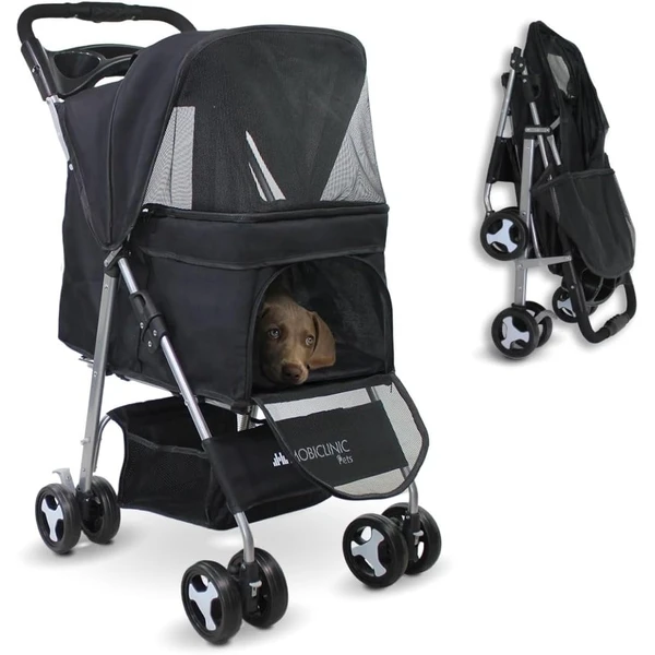Mobiclinic®, Poussette Buggy Pliable Chien, Les petits et chiens âgés, Zuma, Jusqu'à 15 kg, Roues avec freins à 360°, Panier xxl, 3 fenêtres, Porte-gobelet (noir) — Mobiclinic, noté 4.4/5