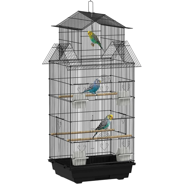 PawHut Cage à Oiseaux Maison Perchoirs 3 Portes 50,5 x 41 x 104 cm Noir | Mangeoires, Perchoirs, Plateau Excrément Amovible, Poignée Transport — PawHut, noté 4.4/5