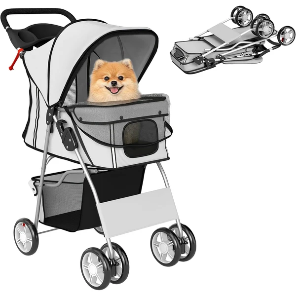 PawHut Poussette Buggy Pliable Animaux Imperméable pour Chien Chat Gris | Chariot Pliante, Toit Amovible Incluse, Porte-Gobelet, Panier de Rangement, Roues avec Frein, Tissu 600D Oxford, Acier — PawHut, noté 4.5/5