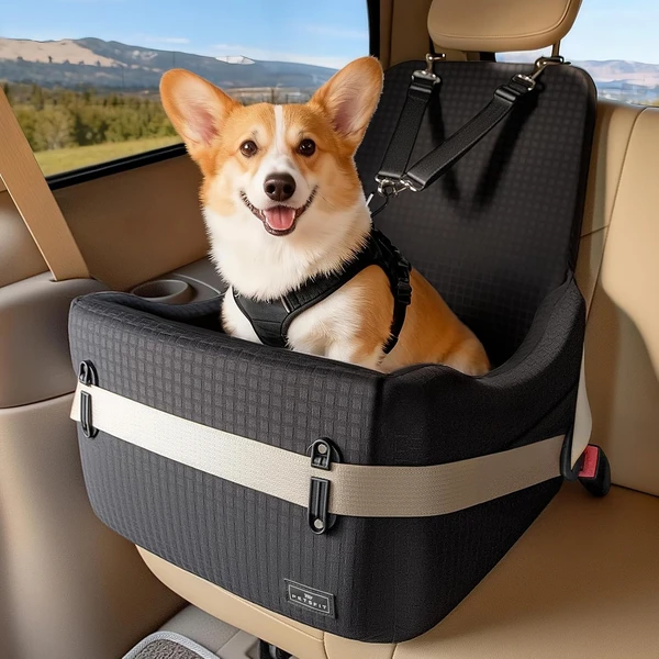 PETSFIT Siège Auto pour Chien, pour Chiens Petits/Moyens jusqu'à 15kg – Système de Sécurité Breveté, Coussin Mémoire de Forme 13cm, Housse Lavable, Coussin Double Face, Idéal pour Voyage– Noir & Gris — Petsfit, noté 4.7/5